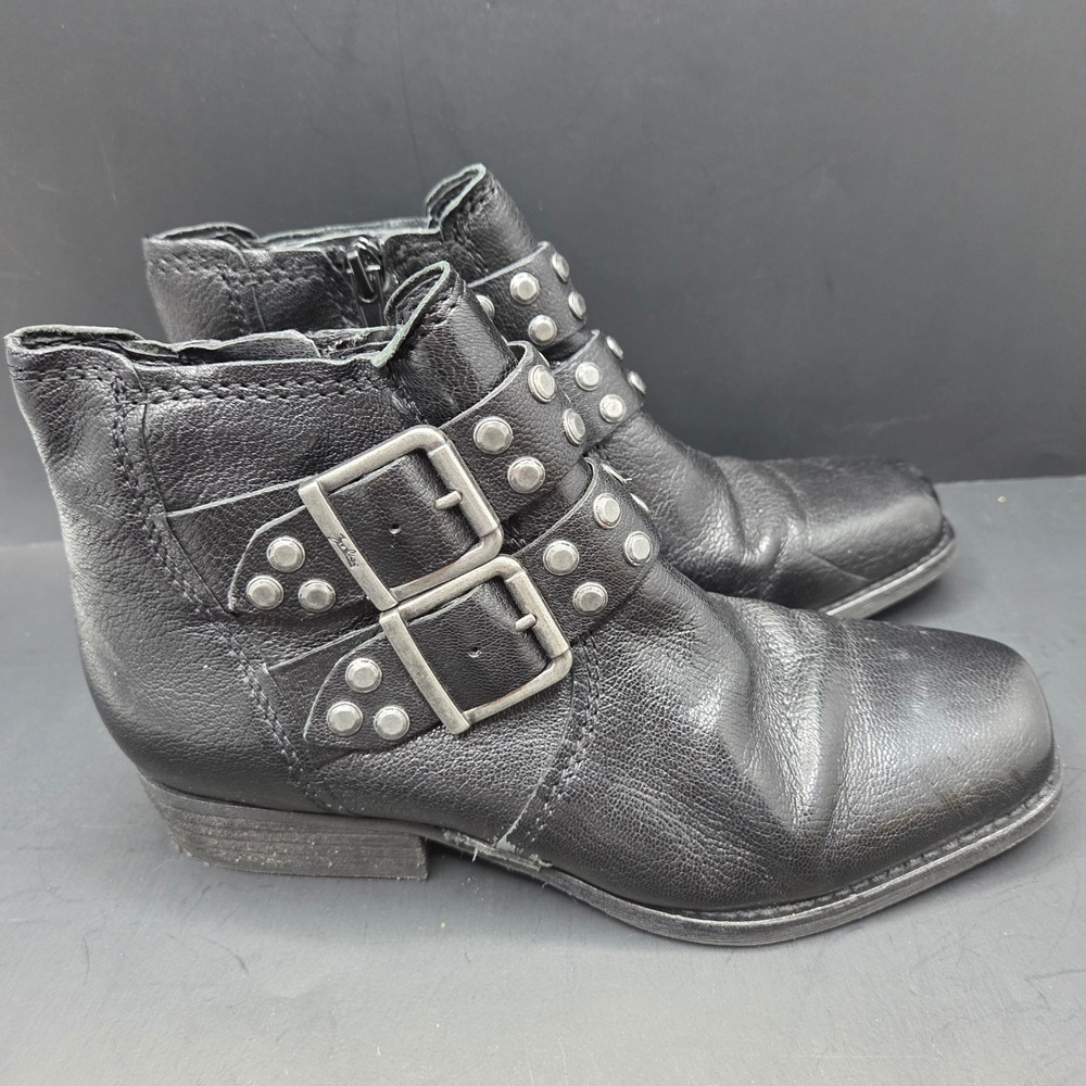 Zodiac Leather Ankle Boots Moto Studded Buckle 5.5 Black Square Toe Zipper H2